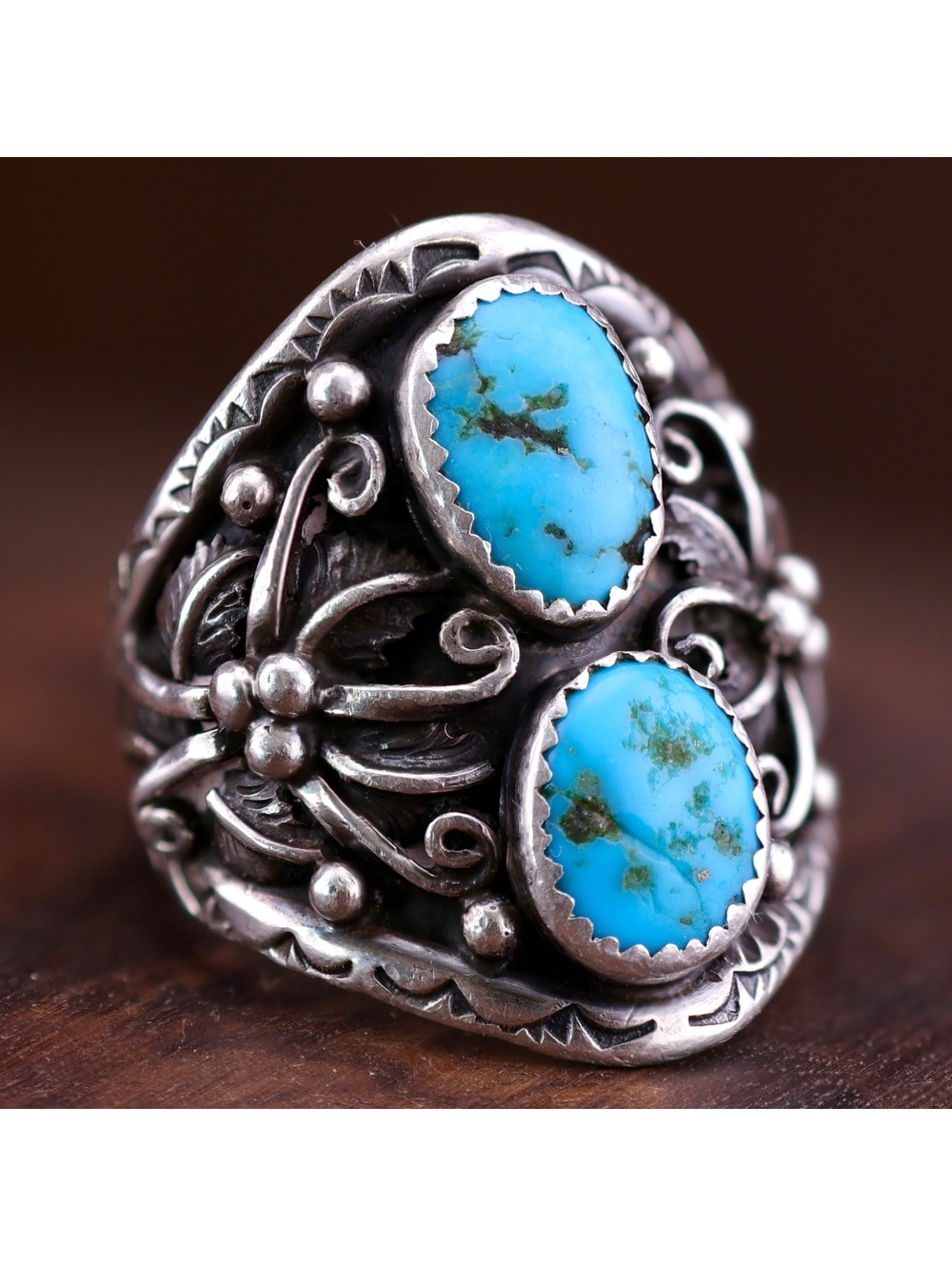 Vintage SW Navajo Style Double Stone Turquoise Sterling Silver Ring Size 14.5